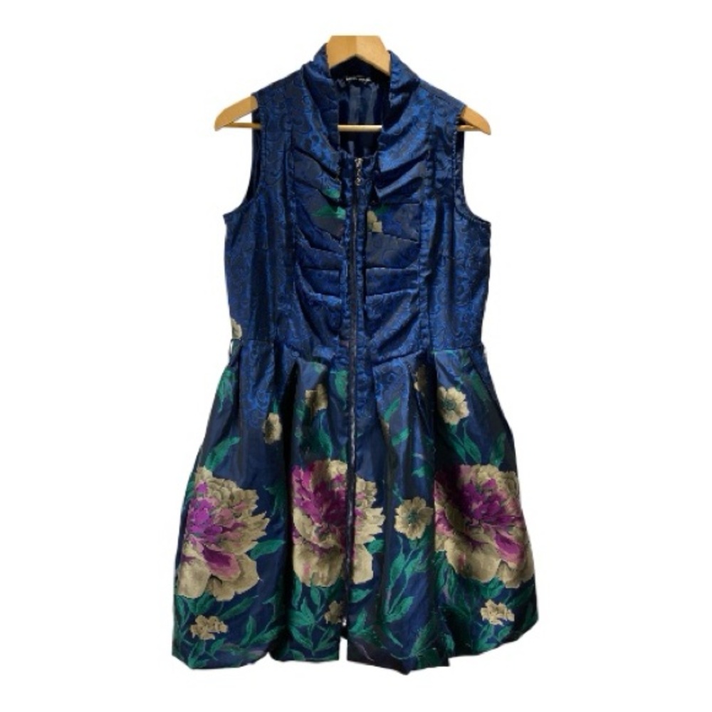 Samuel Dong Jacquard Navy Floral Dress Coat M Bubble Hem Sleeveless PTP 19.5”